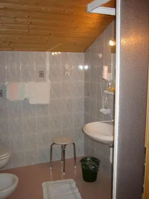 a bathroom with a sink and a toilet and a stool at Garni Sonnegg in Petersberg
