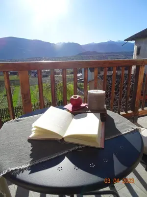 an open book on a table on a balcony at Panoramaterrace, Wein & relax in Appiano Sulla Strada Del Vino