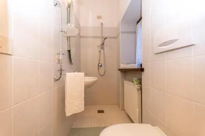 a small bathroom with a shower and a toilet at mansarda Lungolago in Alleghe