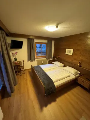 a bedroom with a large bed and a television at Garni Pineta in San Martino in Badia