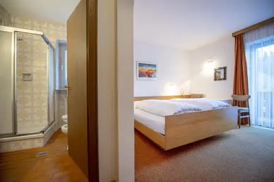 a bedroom with a bed and a bathroom with a shower at Alara Rooms in Ortisei