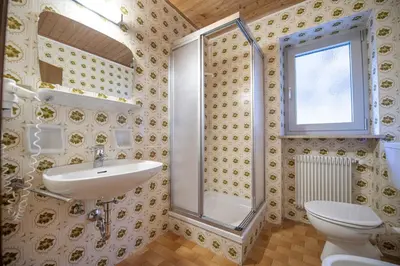 a bathroom with a shower and a sink and a toilet at Alara Rooms in Ortisei