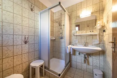 a bathroom with a shower and a sink at Zilli Rooms in Laion