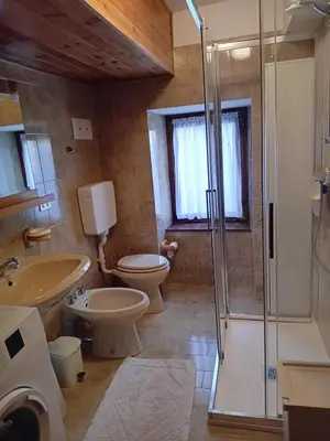a bathroom with a toilet and a sink and a shower at Casa Sartorin in Canale San Bovo