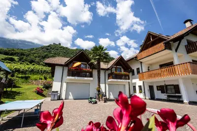 a house with pink flowers in front of it at Weinhof Kager in Missiano