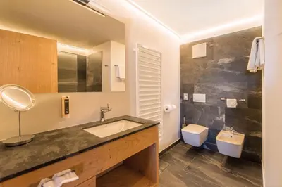 a bathroom with a sink and a toilet at Hotel DAS ROYAL in Obereggen in Obereggen