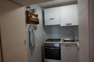 a small kitchen with a stove and a sink at Civetta panoramic mountain home in Alleghe