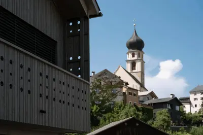 a view of a city with a church tower at Apartment Malfi in Fiè
