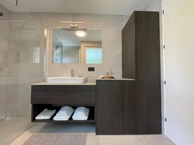 a bathroom with a sink and a mirror at Apartment Malfi in Fiè