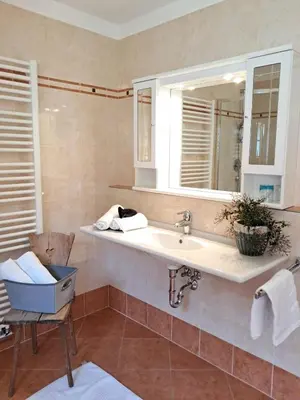 a bathroom with a sink and a mirror and a chair at Unterkirnhof in Schenna