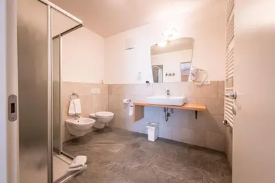 a bathroom with a sink and a toilet and a mirror at Am Schloss Guest House in Brunico