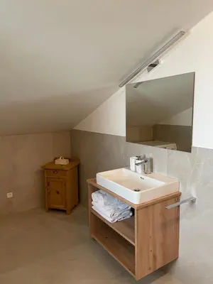 a bathroom with a sink and a mirror at Ferienhaus Gann - Greit in Villandro