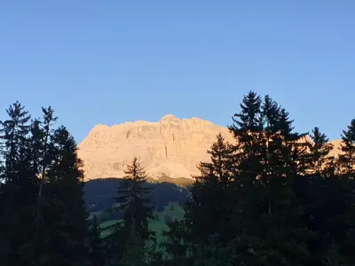 a mountain in the distance with trees in the foreground at Chalet Helen in Arabba
