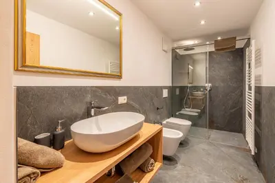 a bathroom with a sink and a toilet and a mirror at Residence 1963 - Apartments in Termeno