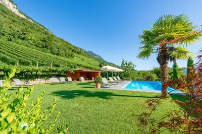 a resort with a swimming pool and a mountain at Runggnerhof in Termeno