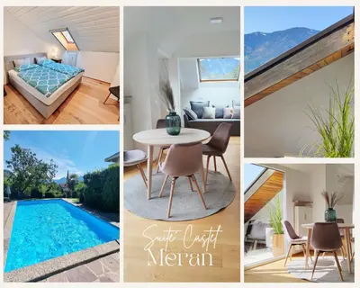a collage of photos with a villa and a swimming pool at Suite Castel MeranO - panorama terrace and pool in Merano