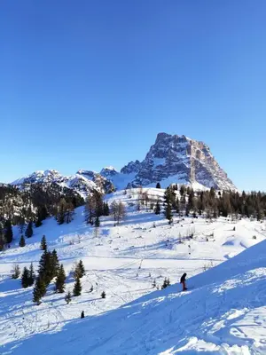 a group of people skiing down a snow covered mountain at Dolomites Holidays in Selva di Cadore