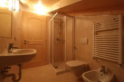 a bathroom with a sink and a toilet and a shower at Varesco Appartamenti in Carano