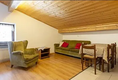 a living room with a green couch and a table at Appartamenti Callori Karin in Canazei