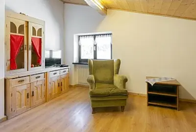 a living room with a chair and a table at Appartamenti Callori Karin in Canazei