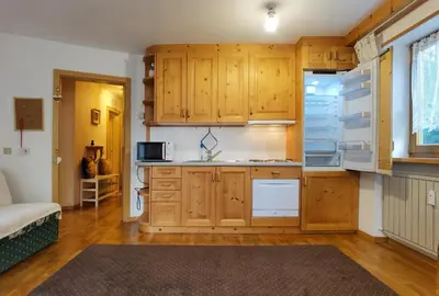 a kitchen with wooden cabinets and a bed in a room at Apartment Enrosadira Pedraces in Badia