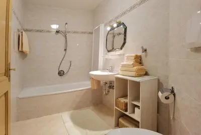 a bathroom with a sink and a toilet and a shower at Apartment Enrosadira Pedraces in Badia