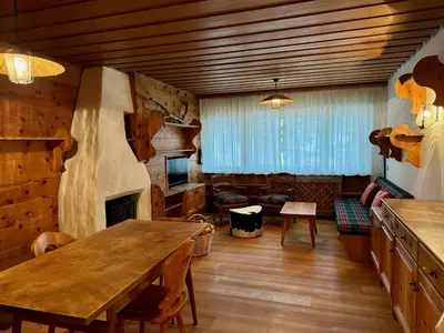 a living room with a table and a fireplace at Spacious Alpine Retreat & Parking in Cortina dʼAmpezzo
