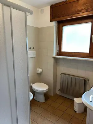 a bathroom with a toilet and a sink and a window at CASA PINUCCIA APPARTAMENTO OVEST in Predazzo