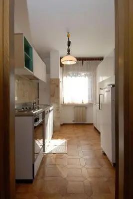 a kitchen with a sink and a refrigerator at CASA PINUCCIA APPARTAMENTO OVEST in Predazzo