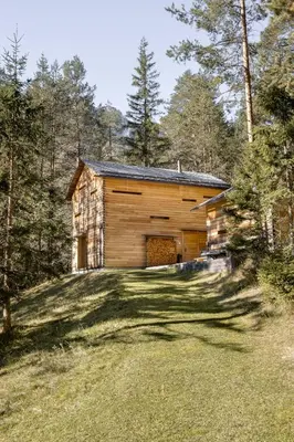 a log cabin in the woods with a yard at Mountain Lodge Tamersc in San Vigilio Di Marebbe