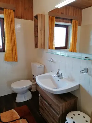 a bathroom with a toilet and a sink at Ferienwohnungen Schnarf in Valdaora