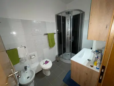 a bathroom with a toilet and a shower and a sink at Apartment Weisswand in Colle Isarco