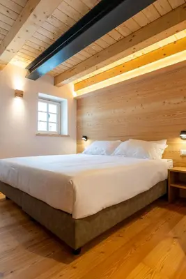 a large bed in a room with a wooden wall at Chalet Le Grazie in Le Grazie