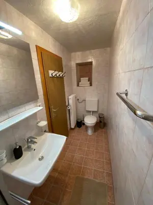a bathroom with a sink and a toilet at Apartment Kesselkogel - Rosenheim Apartments in Tires