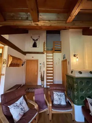 a living room with a couch and a stove at Splendida Carezza in Carezza al Lago