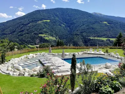 a pool in a yard with a mountain in the background at Huberhof in Naz-Sciaves