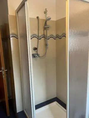 a shower with a glass door in a bathroom at CASA PINUCCIA MANSARDA in Predazzo