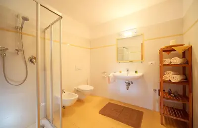 a bathroom with a toilet and a sink and a shower at Beimsteinhof in Verano