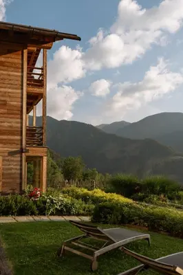 a house with a view of the mountains at Lusina Apartments in Luson