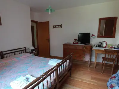 a bedroom with a bed and a desk and a television at ROOM AURORA in Fiera di Primiero