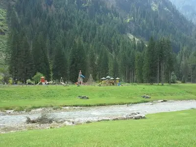 a person riding a horse in a field next to a river at Appartamento Niki Campitello in Campitello di Fassa