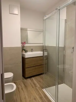 a bathroom with a shower and a toilet and a sink at Loft l'Alessandra in Bolzano