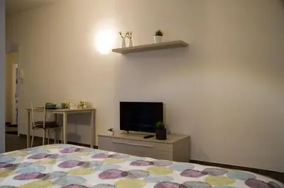 a bedroom with a bed and a tv and a desk at Apartments Fewo in Bolzano