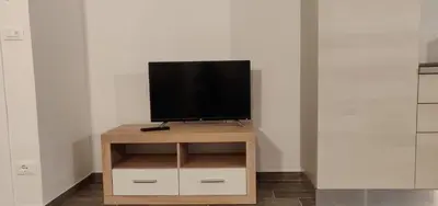 a television on a wooden stand in a room at Apartments Fewo in Bolzano
