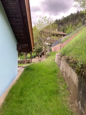 a field of grass next to a wall at CASA BAMBA in Tesero