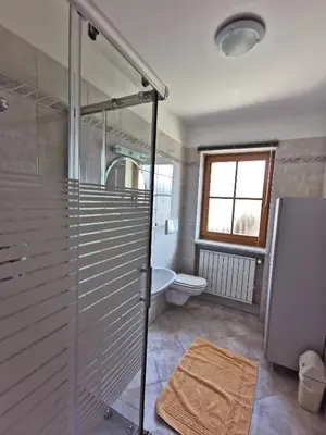 a bathroom with a shower and a toilet at Rastenfeldhof in Parcines