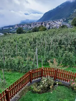 a wooden fence on top of a hill with a city at Rastenfeldhof in Parcines