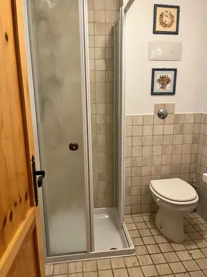a bathroom with a shower and a toilet at Appartamento Al Laghetto in San Martino di Castrozza