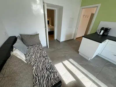 a living room with a zebra blanket on a couch at Lindenhof Residence Meran in Merano
