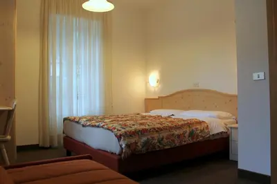 a hotel room with a bed and a window at Albergo Trentino in Moena